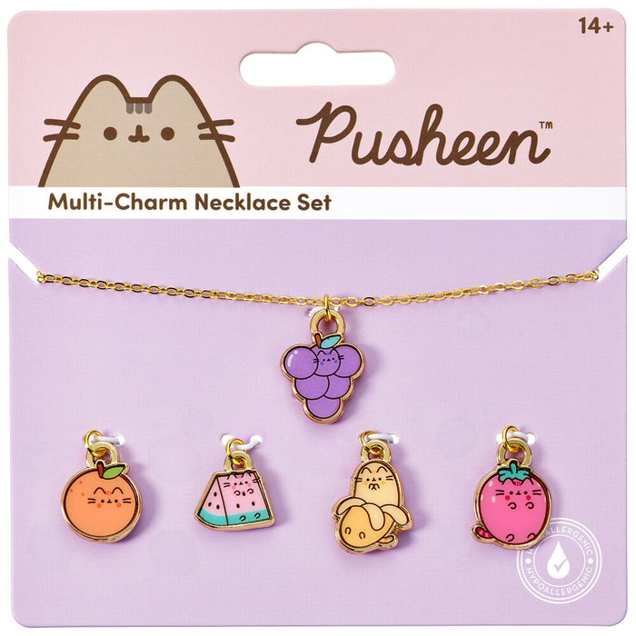 The Carat Shop Colgante + charms Frutas Pusheen, Collar 40cm con Plátano, Sandía, Uva, Fresa y Naranja, Aleación de Zinc
