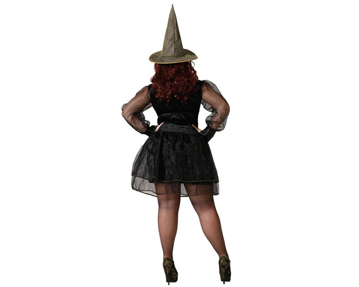 Disfraz Bruja Negra Mujer Adulta XXL, Vestido Corto con Sombrero para Halloween y Fiestas Temáticas