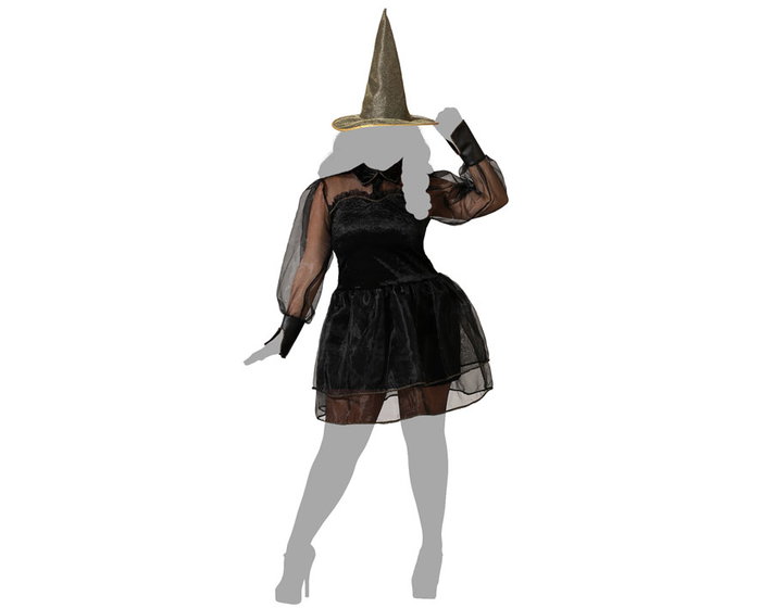 Disfraz Bruja Negra Mujer Adulta XXL, Vestido Corto con Sombrero para Halloween y Fiestas Temáticas