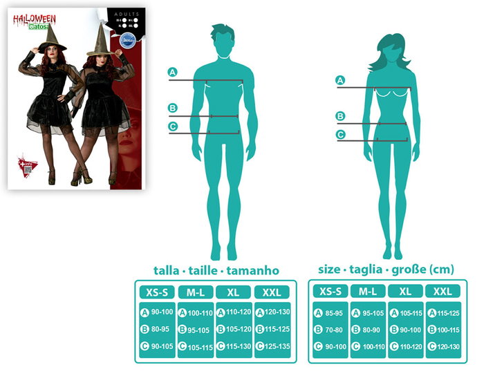 Disfraz Bruja Negra Mujer Adulta XXL, Vestido Corto con Sombrero para Halloween y Fiestas Temáticas