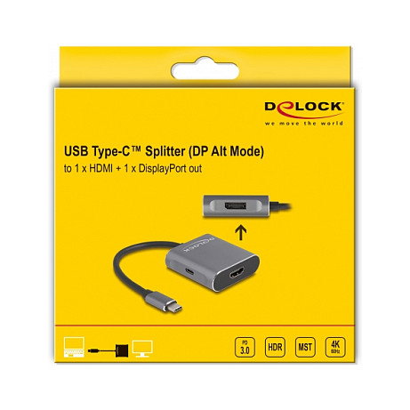 DeLOCK Adaptador USB Type-C a HDMI + DisplayPort MST, Splitter 4K Ultra HD 3840x2160 60Hz con Carga PD 100W, Cable 0.15m, Gris Aluminio