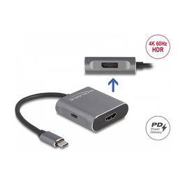 DeLOCK Adaptador USB-C a HDMI + DisplayPort MST, Splitter con USB-C PD 100W, Aluminio, 4K Ultra HD a 60 Hz, 3840x2160, 1x HDMI + 2x DP, 0.15m, Gris