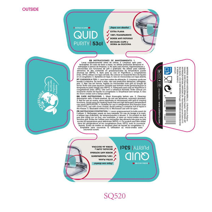 Recipiente Hermético Vidrio Purity Quid 13,7x13,7x6,4 cm - 53 cL