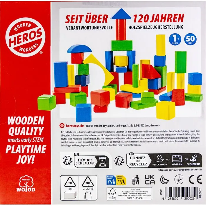 Heros HÉROES Bloques de construcción de madera de colores - 100% FSC - 50 piezas - Para mayores de 1 año