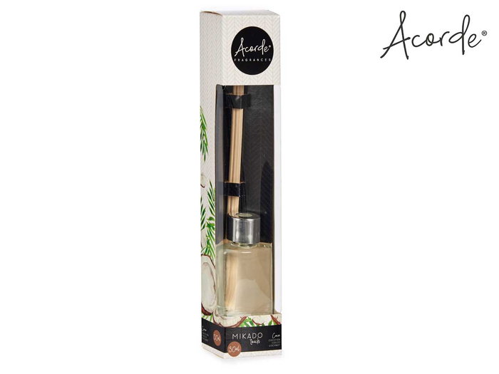 Acorde Mikado Coco 30 ml con Varillas 17 cm - Difusor de Fragancia para el Hogar con Sistema de Evaporación Natural - Dimensiones 4.4x7.5x2.9 cm (Set de 24)