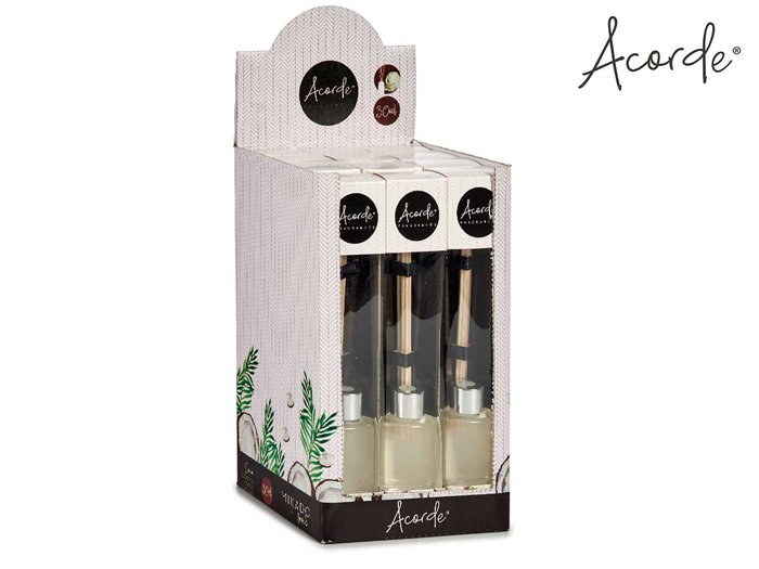 Acorde Mikado Coco 30 ml con Varillas 17 cm - Difusor de Fragancia para el Hogar con Sistema de Evaporación Natural - Dimensiones 4.4x7.5x2.9 cm (Set de 24)