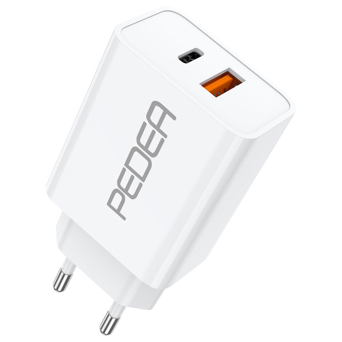 PEDEA Cargador USB-C 20W PD Rápido, 2 Puertos USB-C y USB-A, Color Blanco - Adaptador para Móvil