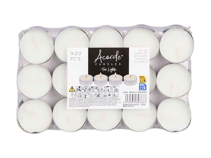 Acorde Set 30 Velas Tealight 4 Horas Cera Aluminio Blanco Plata 19x3.3x11.2 cm (Set de 24)