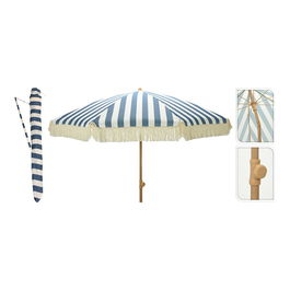 Ambiance Parasol Jardín Rayas Azul Flecos Beige, Mástil Aluminio, Protección UV 30+, Impermeable, Ø183 x 200 cm
