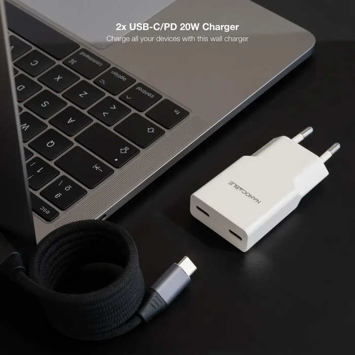 Nanocable Cargador de Pared USB-C 20W, 2 Puertos, Carga Rápida Power Delivery, Blanco