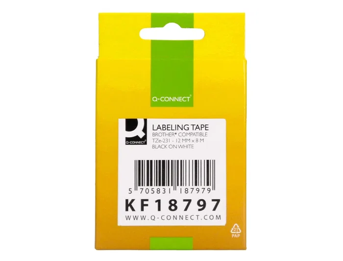 Q-connect Cinta TZE-231 Blanco-Negro 12mm, 8m - Cintas compatibles para rotuladoras Brother para etiquetado interior y exterior