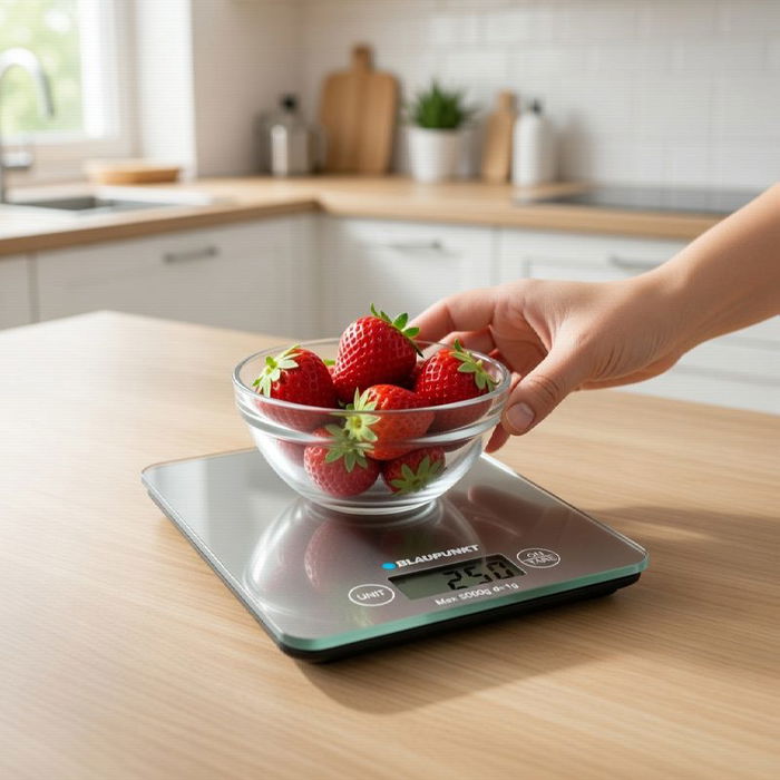 Blaupunkt Báscula de Cocina Digital 5 kg, Pantalla LCD, Superficie de Cristal Templado