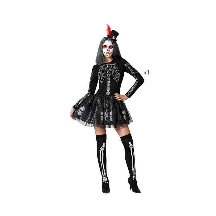 Disfraz Esqueleto Negro con Falda de Tul Brillante y Sombrero para Mujer Adulto Talla XL Disfraz Esqueleto Negro con Falda de Tul Brillante y Sombrero para Mujer Adulto Talla XL