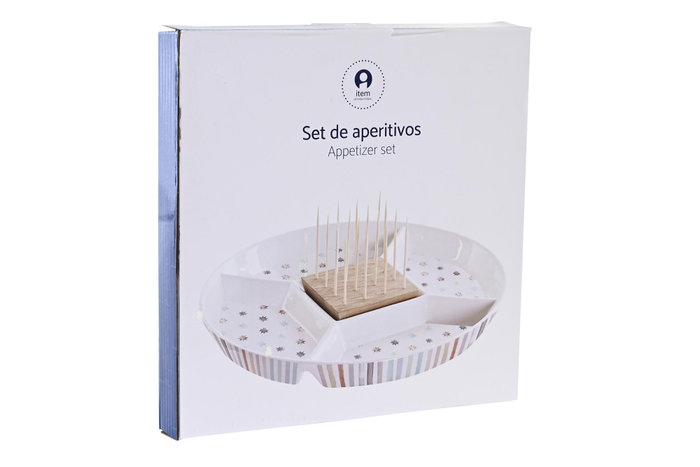 DKD Home Decor Bandeja para aperitivos de gres y bambú Multicolor 23,5x23,5x3 cm