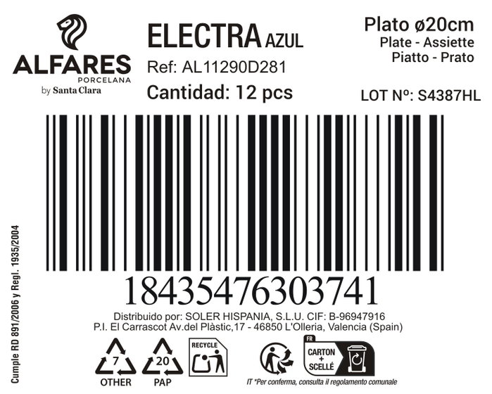 Alfares Plato Hondo 20cm Azul Electra