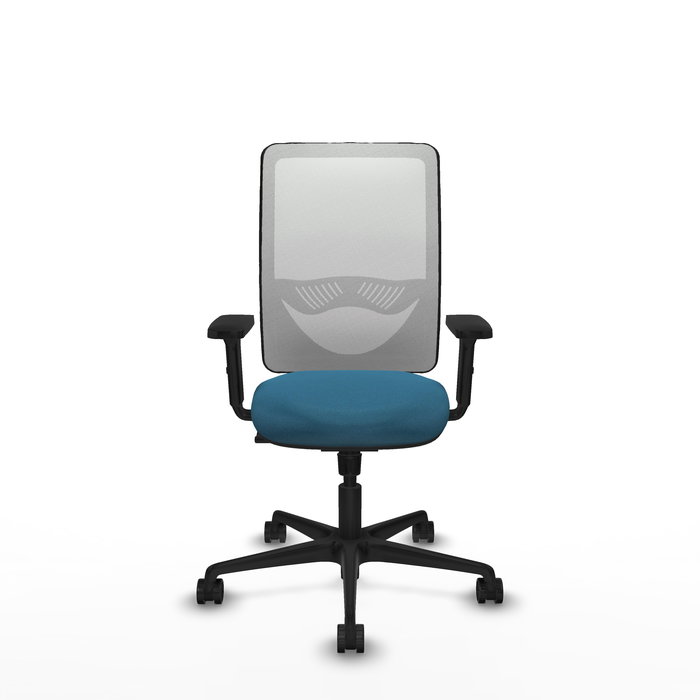Silla de oficina Zulema con mecanismo Sincro tapizada con Tela color Verde petróleo y malla color Blanco. Equipada con lumbar 1D, Brazos 2D y Ruedas 65mm nailon