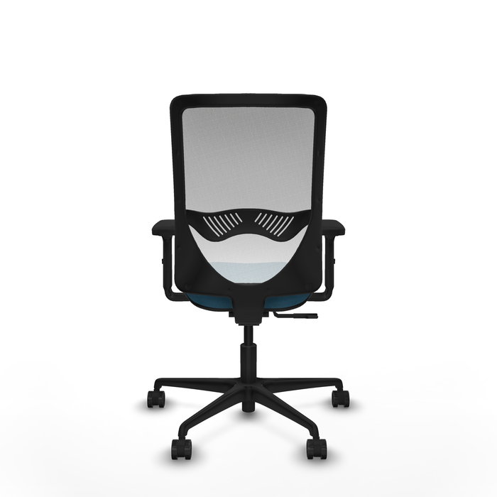 Silla de oficina Zulema con mecanismo Sincro tapizada con Tela color Verde petróleo y malla color Blanco. Equipada con lumbar 1D, Brazos 2D y Ruedas 65mm nailon