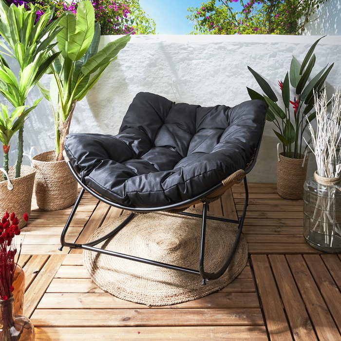 Home Deco Factory Butaca Mecedora Tulum Negra para Patio y Jardín con Asiento Acolchado