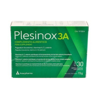 ATACHE Plesinox 3A 30Cap. Suplemento Inmunológico con Polypodium Leucotomos, Vitamina A, Vitamina C y Selenio para Piel y Mucosas ATACHE Plesinox 3A 30Cap. Suplemento Inmunológico con Polypodium Leucotomos, Vitamina A, Vitamina C y Selenio para Piel y Mucosas