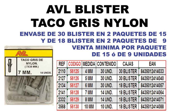 Taco de Nylon Gris 10 mm BL BLISTER TACO GRIS NYLON 10 MM 3568 Taco de Nylon Gris 10 mm BL BLISTER TACO GRIS NYLON 10 MM 3568