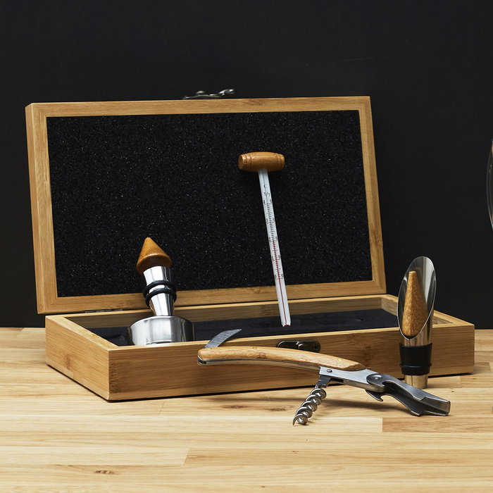 The Concept Factory Caja Bambú 5 Piezas para Vino con Termómetro, Sacacorchos y Accesorios