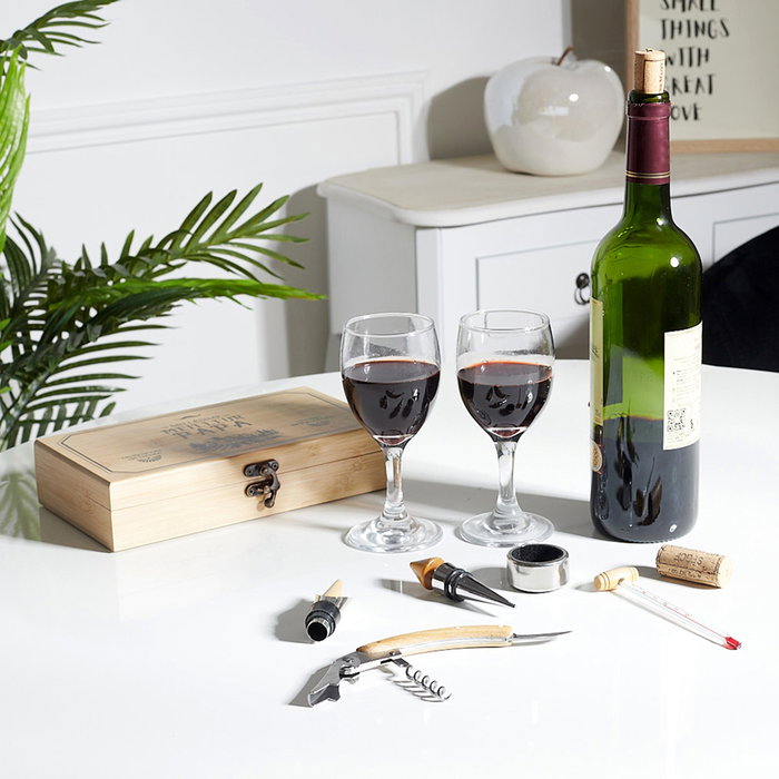 The Concept Factory Caja Bambú 5 Piezas para Vino con Termómetro, Sacacorchos y Accesorios