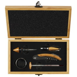 The Concept Factory Caja Bambú Pour Lui 5 Piezas Vino: Sacacorchos, Termómetro, Tapón Vertedor, Tapón y Collarín Antigoteo