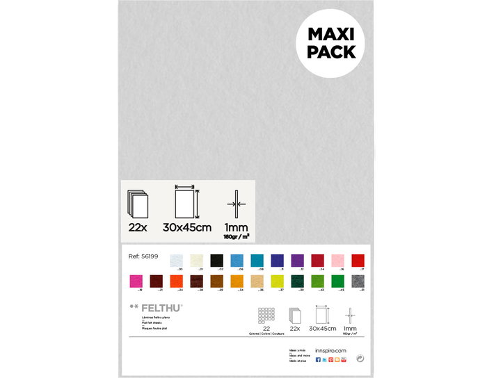 Innspiro Set de 22 láminas de fieltro acrílico surtido colores 30x45cm x 1mm Innspiro Set de 22 láminas de fieltro acrílico surtido colores 30x45cm x 1mm