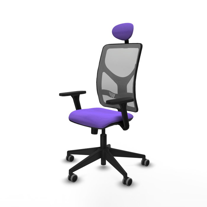 Silla de oficina Motilla con mecanismo Sincro tapizada con Tela color Lila y malla color Gris. Equipada con lumbar 1D, Brazos 3D, Cabecero Fijo y Ruedas 65 mm parqué Silla de oficina Motilla con mecanismo Sincro tapizada con Tela color Lila y malla color Gris. Equipada con lumbar 1D, Brazos 3D, Cabecero Fijo y Ruedas 65 mm parqué