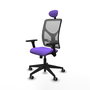 Silla de oficina Motilla con mecanismo Sincro tapizada con Tela color Lila y malla color Gris. Equipada con lumbar 1D, Brazos 3D, Cabecero Fijo y Ruedas 65 mm parqué