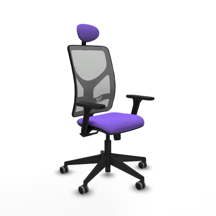 Silla de oficina Motilla con mecanismo Sincro tapizada con Tela color Lila y malla color Gris. Equipada con lumbar 1D, Brazos 3D, Cabecero Fijo y Ruedas 65 mm parqué Silla de oficina Motilla con mecanismo Sincro tapizada con Tela color Lila y malla color Gris. Equipada con lumbar 1D, Brazos 3D, Cabecero Fijo y Ruedas 65 mm parqué