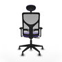 Silla de oficina Motilla con mecanismo Sincro tapizada con Tela color Lila y malla color Gris. Equipada con lumbar 1D, Brazos 3D, Cabecero Fijo y Ruedas 65 mm parqué