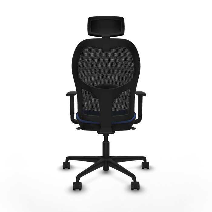Silla de oficina Jorquera con mecanismo Sincro tapizada con Tela color Azul marino y malla color Negro. Equipada con lumbar 1D, Brazos 1D, Cabecero 2D y Ruedas 65mm nailon