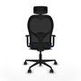 Silla de oficina Jorquera con mecanismo Sincro tapizada con Tela color Azul marino y malla color Negro. Equipada con lumbar 1D, Brazos 1D, Cabecero 2D y Ruedas 65mm nailon