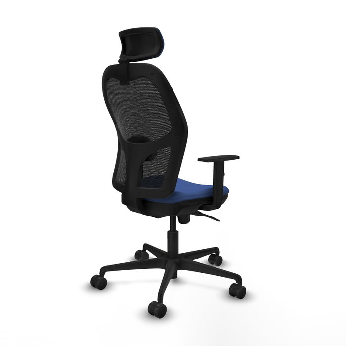 Silla de oficina Jorquera con mecanismo Sincro tapizada con Tela color Azul marino y malla color Negro. Equipada con lumbar 1D, Brazos 1D, Cabecero 2D y Ruedas 65mm nailon