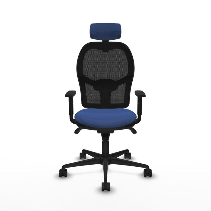 Silla de oficina Jorquera con mecanismo Sincro tapizada con Tela color Azul marino y malla color Negro. Equipada con lumbar 1D, Brazos 1D, Cabecero 2D y Ruedas 65mm nailon
