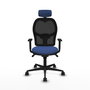 Silla de oficina Jorquera con mecanismo Sincro tapizada con Tela color Azul marino y malla color Negro. Equipada con lumbar 1D, Brazos 1D, Cabecero 2D y Ruedas 65mm nailon