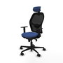 Silla de oficina Jorquera con mecanismo Sincro tapizada con Tela color Azul marino y malla color Negro. Equipada con lumbar 1D, Brazos 1D, Cabecero 2D y Ruedas 65mm nailon
