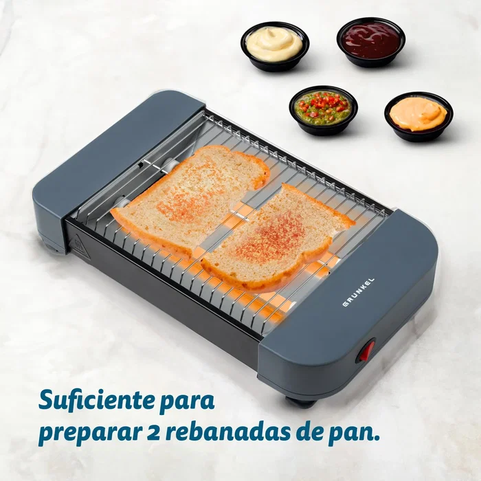 Grunkel TSP-MINISIZE Tostadora Plana Compacta para 2 Rebanadas, 300 W, Bandeja Extraíble, Resistencia de Cuarzo, Color Gris