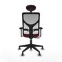 Silla de oficina Motilla con mecanismo Sincro tapizada con Tela color Rojo y malla color Blanco. Equipada con lumbar 1D, Brazos 3D, Cabecero Fijo y Ruedas 65 mm parqué
