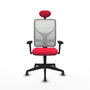 Silla de oficina Motilla con mecanismo Sincro tapizada con Tela color Rojo y malla color Blanco. Equipada con lumbar 1D, Brazos 3D, Cabecero Fijo y Ruedas 65 mm parqué