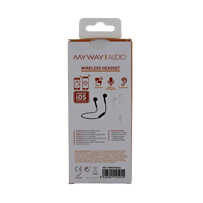 Myway MWHPH0022 Auriculares Inalámbricos Tipo Collar con Sonido HD, Micrófono y 5h Autonomía - Negro