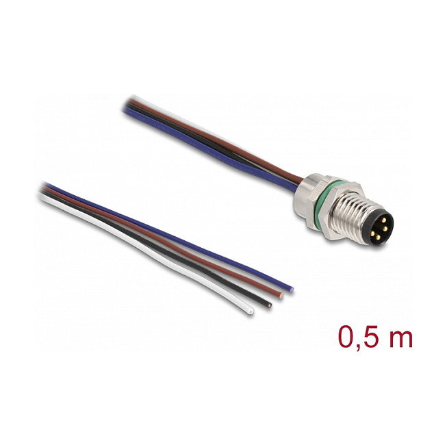 DeLOCK Cable M8 de Montaje Frontal, 4 Pines Macho, Codificación A, para Panel con Cables Libres, Longitud 0.5 m, Negro, TPU, -25 a 85 °C