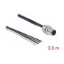 DeLOCK Cable M8 de Montaje Frontal, 4 Pines Macho, Codificación A, para Panel con Cables Libres, Longitud 0.5 m, Negro, TPU, -25 a 85 °C