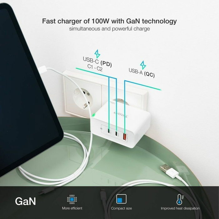 Tooq Cargador de Pared GaN 100W 2xUSB-C/PD + USB-A/QC Blanco Tooq Cargador de Pared GaN 100W 2xUSB-C/PD + USB-A/QC Blanco