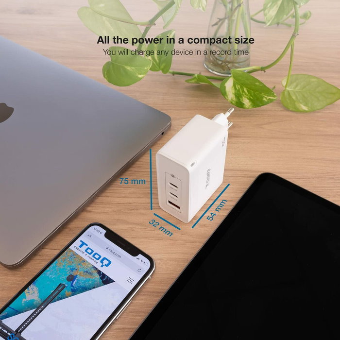 Tooq Cargador de Pared GaN 100W 2xUSB-C/PD + USB-A/QC Blanco Tooq Cargador de Pared GaN 100W 2xUSB-C/PD + USB-A/QC Blanco