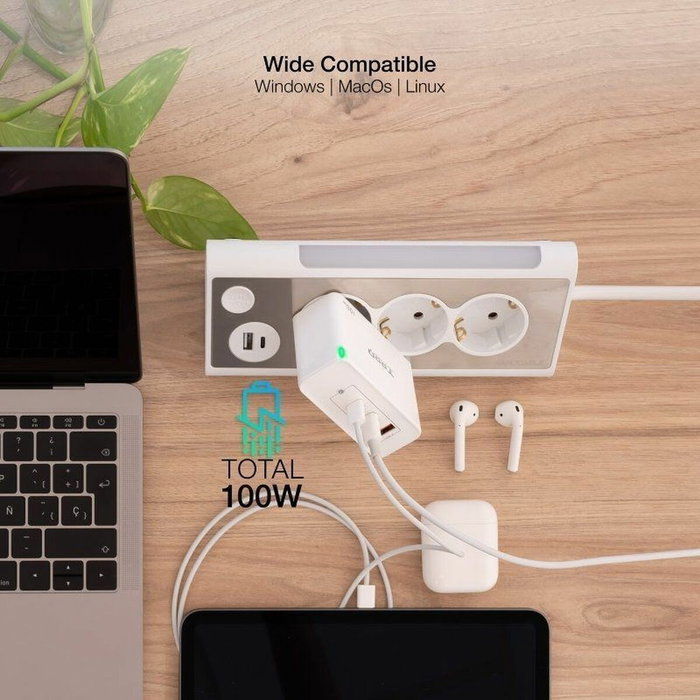 Tooq Cargador de Pared GaN 100W 2xUSB-C/PD + USB-A/QC Blanco Tooq Cargador de Pared GaN 100W 2xUSB-C/PD + USB-A/QC Blanco