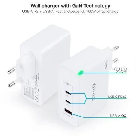 TooQ TQWC-GANQC2PD100W Cargador de Pared GaN 100W con 2 Puertos USB-C PD, 1 USB-A QC, Blanco - Universal