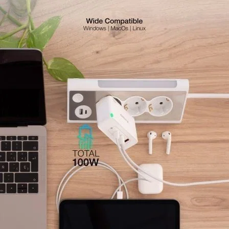 TooQ TQWC-GANQC2PD100W Cargador de Pared GaN 100W con 2 Puertos USB-C PD, 1 USB-A QC, Blanco - Universal
