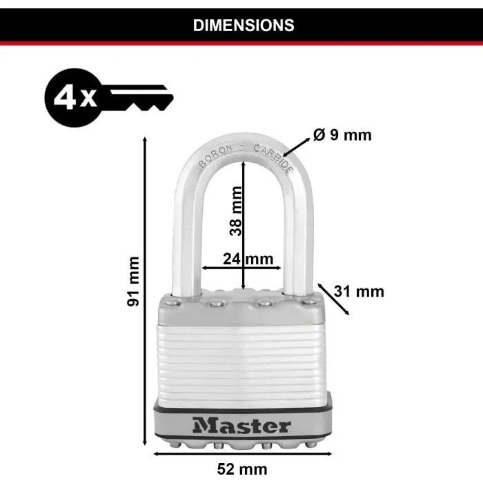 Master Lock Candado de Alta Seguridad M115EURTRILF con Llave, Acero Laminado Revestido, Exterior, Antióxido, Arco M - Paquete de 3